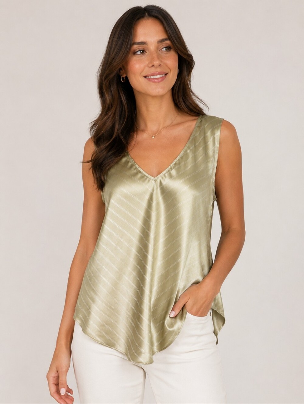 Halogen Silky V-Neck Sleeveless Top in Olive Green, Size 1X
